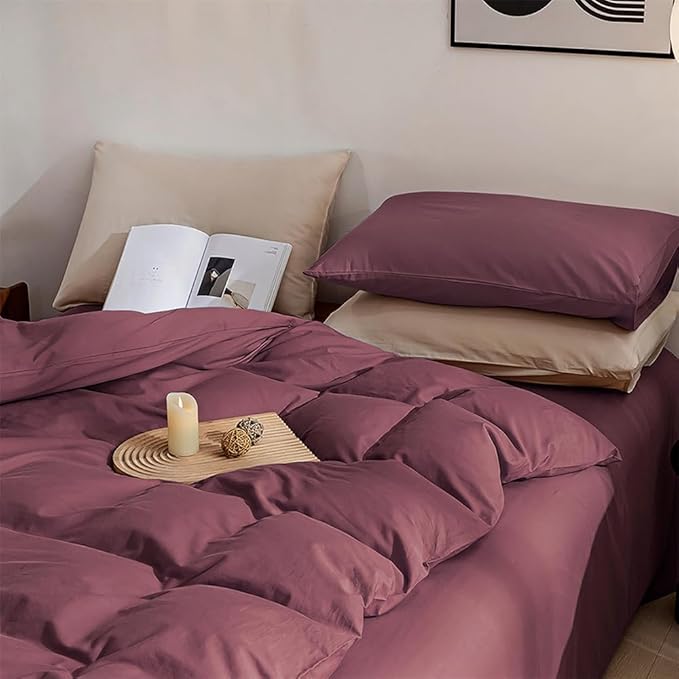 JELLYMONI Plum Duvet Cover King Size - 100% Washed Cotton Linen Like Textured Comforter Cover, 3 Pieces Lightweight Soft Bedding Set with Zipper Closure (Plum, 104"x90")