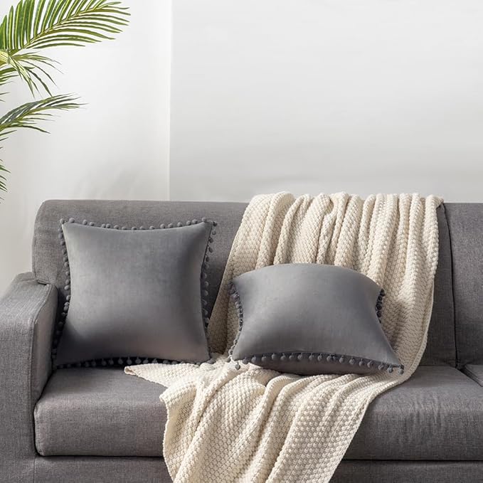 DEZENE Decorative Pillow Cases 24x24 Light-Grey: 2 Pack Cozy Soft Pom-poms Velvet Square Throw Pillow Covers for Farmhouse Home Decor
