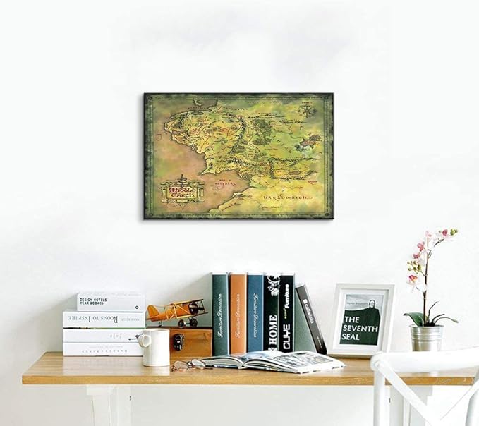 Middle Earth Map Wall Art Canvas Print - Fantasy Map of Middle Earth - 24''H x 36''W with Inner Wooden Frame - Lightweight & Easy to Hang - Perfect for Bedroom, Game Room Decor