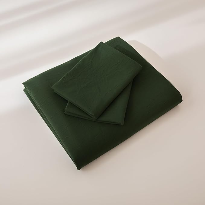 JIYUAN 100% Washed Cotton Duvet Cover Set 3 Pieces Cal King, 1 Duvet Cover 104x98 Inches(Comforter Not Included) and 2 Pillowcases,Linen Feel Bedding Set Comfy and Breathable,Forest Green