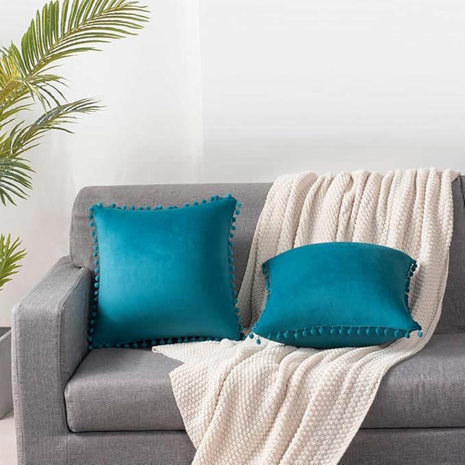 DEZENE Throw Pillow Cases 16x16 Turquoise: 2 Pack Cozy Soft Pom-poms Velvet Square Decorative Pillow Covers for Farmhouse Home Decor