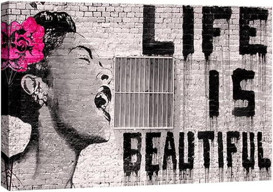Wieco Art Banksy Life is Beautiful Modern Gallery Wrapped Grey Love Abstract Artwork Paintings Pictures Large Giclee Canvas Prints Wall Art Ready to Hang for Living Room Home Office Decor