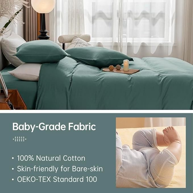 JELLYMONI Cotton Duvet Cover King Size - 100% Washed Cotton Linen Like Textured Comforter Cover, 3 Pieces Breathable Soft Bedding Set with Zipper Closure (Dark Green, King 104"x90")