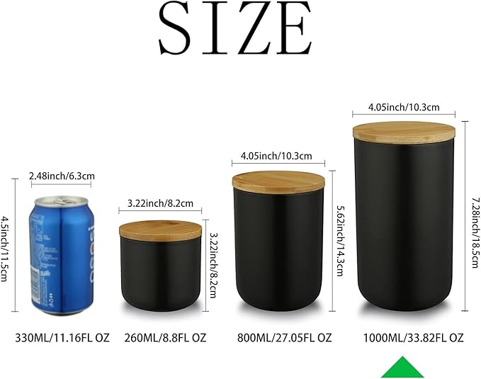 jessie Ceramic Storage Containers with Airtight Seal Bamboo Lids Kitchen Canisters for Tea Spice Seasoning Sugar Coffee (black, 1000ml/34 oz)