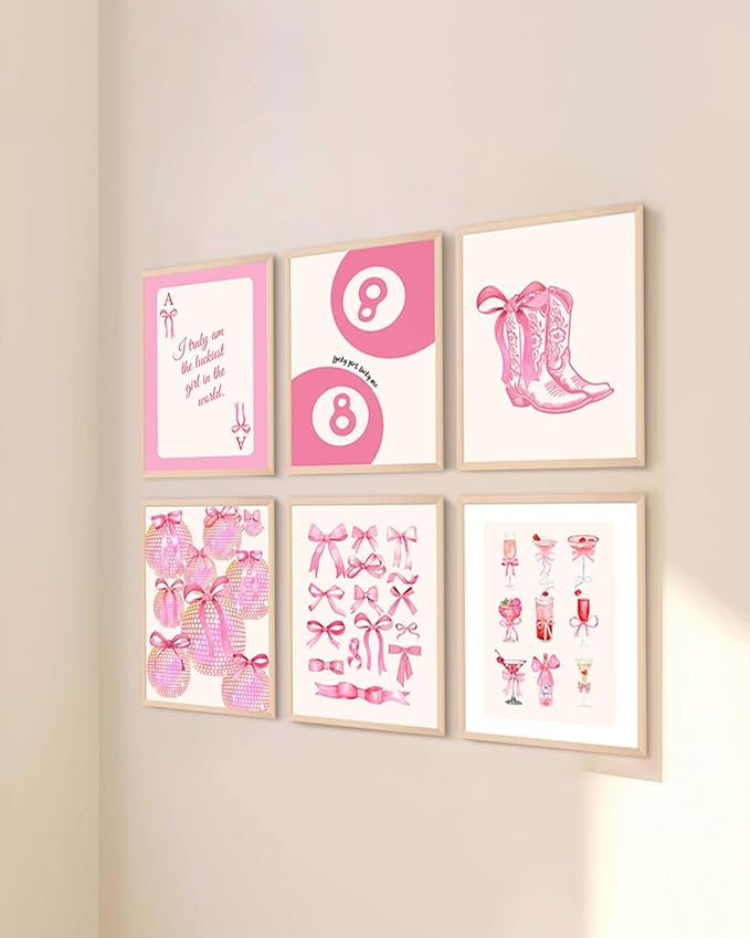 ASTRDECOR Pink Coquette Trendy Preppy Wall Art Prints Set of 6, Preppy Room Decor, Pink Bow Lucky 8 Ball Disco Wall Decor Posters, Coquette Room Decor Aesthetic for Girls Bedroom Dorm, 8x10 Unframed