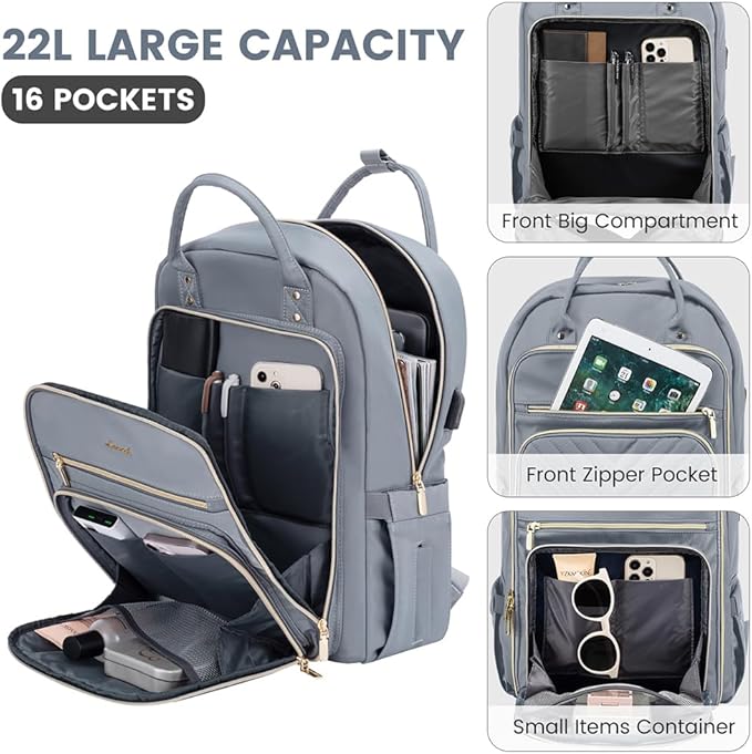 LOVEVOOK Laptop Backpack for Women, Water Resistant Travel Work Backpacks Purse Stylish Business Teacher Nurse Computer Bag with USB Charging Port,Gray