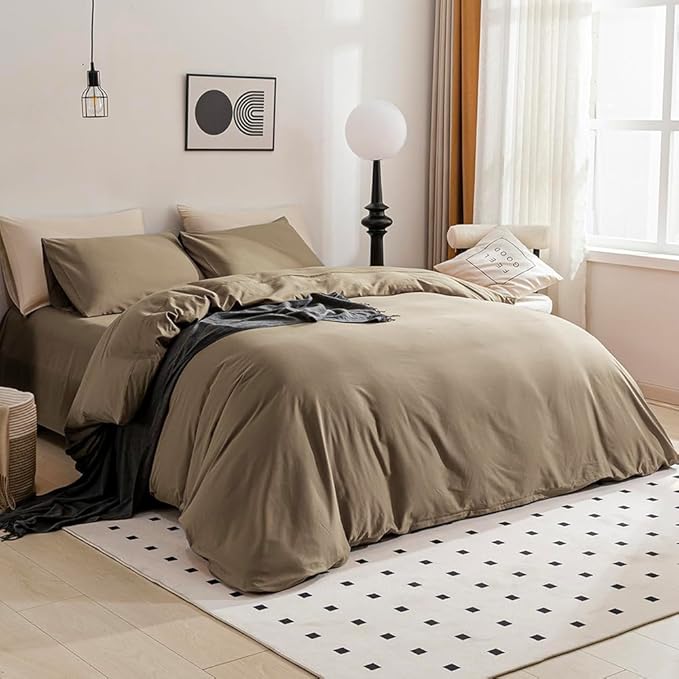 JELLYMONI Khaki Duvet Cover Full Size - 100% Washed Cotton Linen Feel Textured Comforter Cover, 3 Pieces Breathable Soft Bedding Set with Zipper Closure (Khaki, Full 80"x90")