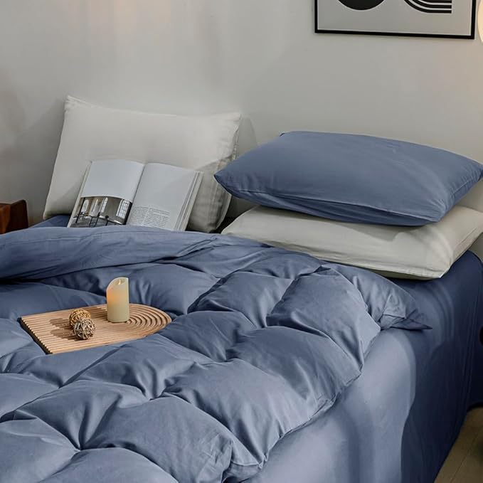 JELLYMONI Blue Duvet Cover King Size - 100% Washed Cotton Linen Like Textured Comforter Cover, 3 Pieces Lightweight Soft Bedding Set with Zipper Closure (Blue, King 104"x90")