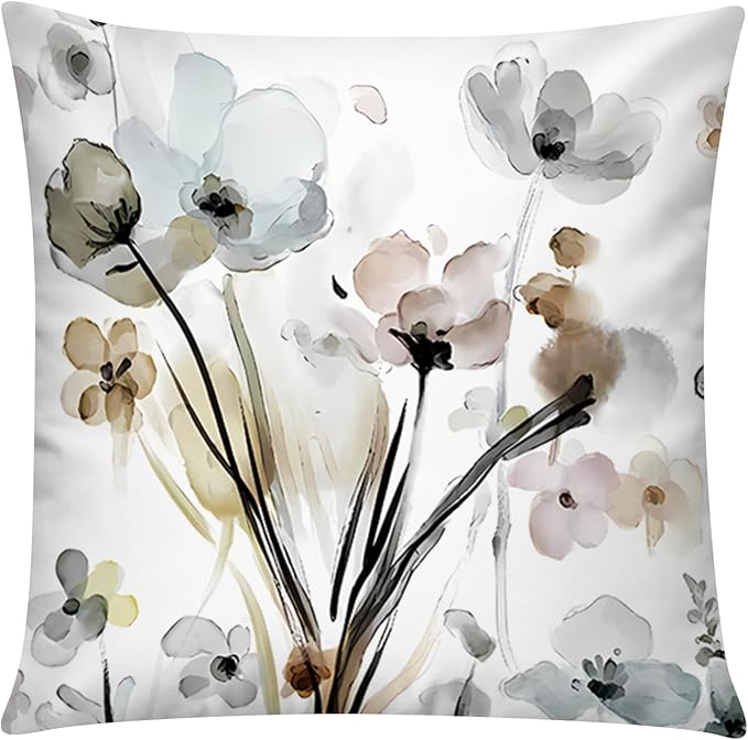 Brown Grey Floral Pillow Cover 16x16 Set of 6 Watercolor Throw Pillow Covers Square Cushion Covers for Couch Sofa Living Room Home Decor