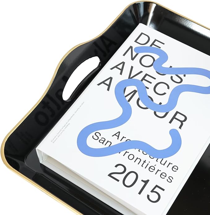 Spsyrine Large Black Serving Tray with Handles, Plastic Decorative Tray for Coffee Table, Ottoman, Bathroom, Home Decor 17.3"*11.8"*2"