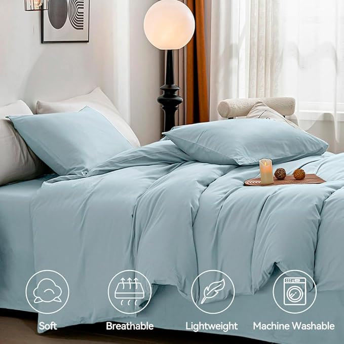 JELLYMONI Cotton Duvet Cover King Size - 100% Washed Cotton Linen Like Textured Comforter Cover, 3 Pieces Breathable Soft Bedding Set with Zipper Closure (Light Blue, 104"x 90")