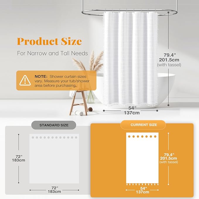 BTTN Stall Fabric Shower Curtain - 54x78 Inches Small Boho Linen Heavy Duty Tassel Shower Curtain Set with 10 Plastic Hooks, Narrow Rustic Farmhouse Bohemian Thick Shower Curtains for Bathroom - White