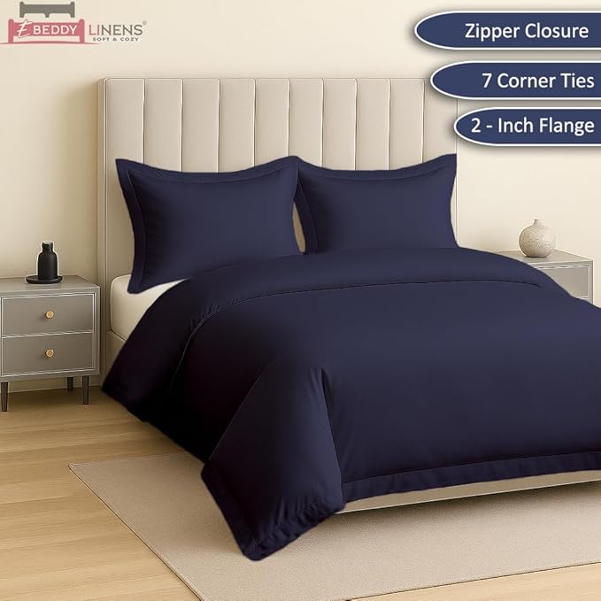 eBeddy Linens Navy Blue Solid Duvet Cover Set Oversized Queen 98x98 Size 800 TC Certified Egyptian Cotton Luxury Soft & Breathable Comforter Cover and 2 Pillow Sham with Zipper Closer & Corner Ties