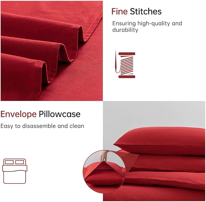 JELLYMONI Red Duvet Cover King Size - 100% Washed Cotton Linen Like Textured Comforter Cover, 3 Pieces Breathable Soft Bedding Set with Zipper Closure (Red, King 104"x90")