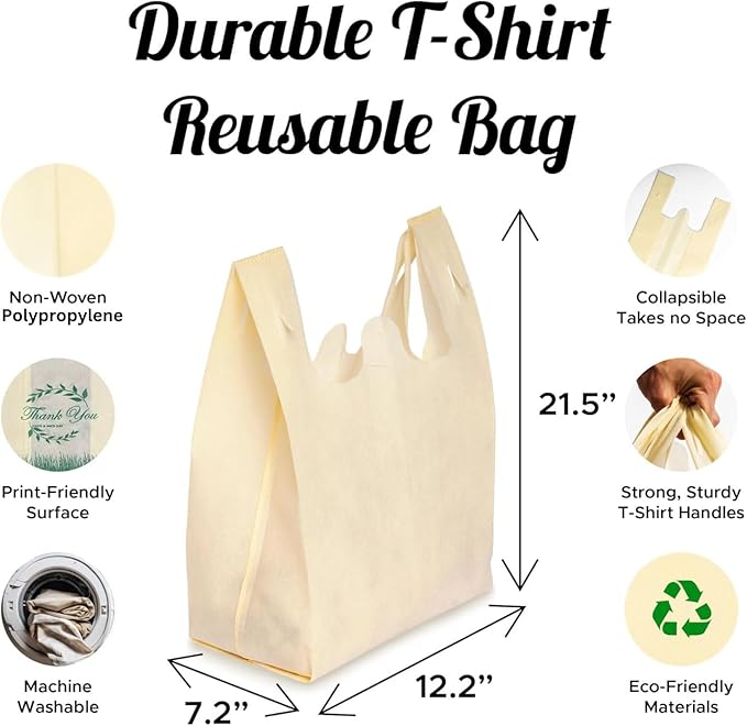 Simply Cool 50 Pack Reusable Eco-Friendly Grocery T-Shirt Shopping Bags 21.5”x12.2”x7.2”, Durable, Recyclable Shopping Bags Washable, Foldable, Portable Tote Bags Bulk