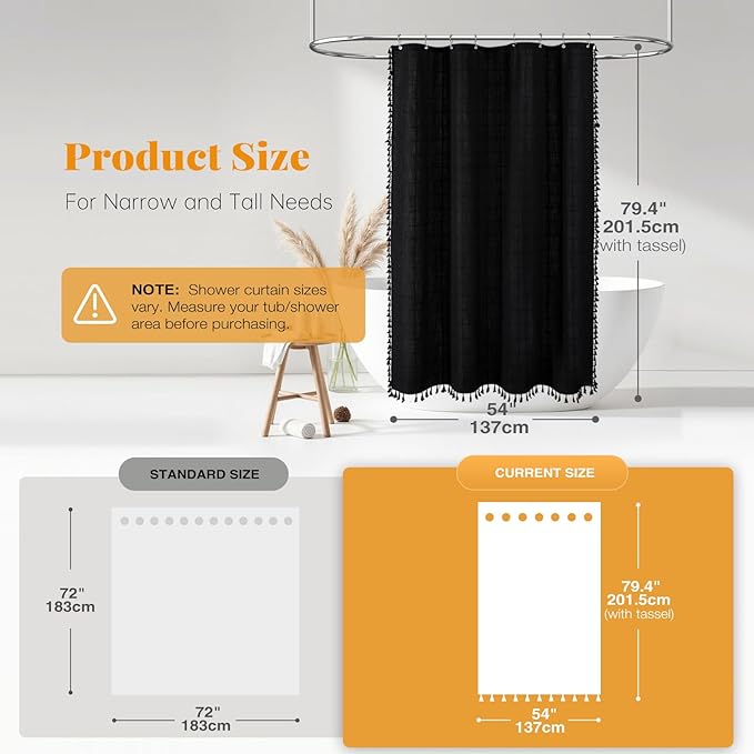 BTTN Stall Fabric Shower Curtain - 54 x 78 Inches Boho Linen Heavy Duty Tassel Shower Curtain Set with 10 Hooks, Narrow Rustic Modern Farmhouse Bohemian Thick Shower Curtains for Bathroom - Black