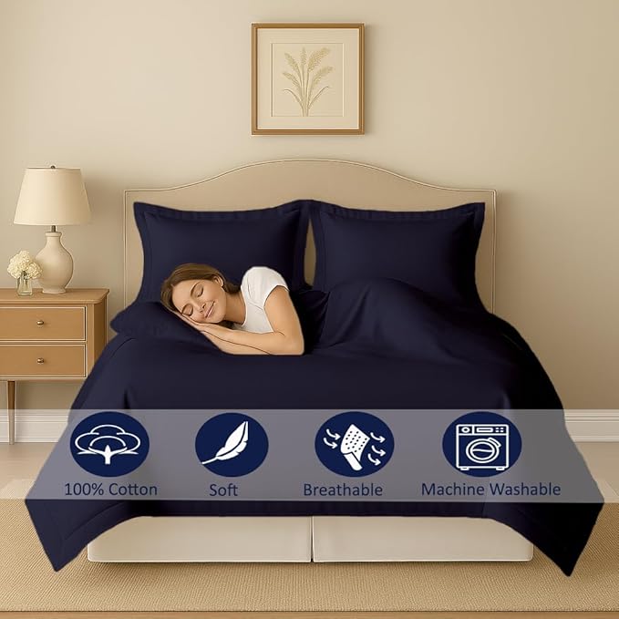 eBeddy Linens 800 TC Soft Egyptian Cotton Extra Large King 136x120 Size 3-Pieces Solid Duvet Cover Zipper Closure & Corner Ties Durable and Fade Resistant, Navy Blue