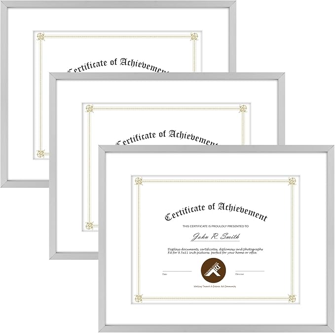 Golden State Art 14x11 Picture Frame 3 Pack - Aluminum Frames with 8.5x11 Removable Mats & Real Glass, Display 11x14 Photos or 8.5x11 Certificates - Silver Gallery Wall Frames for Home Office Decor