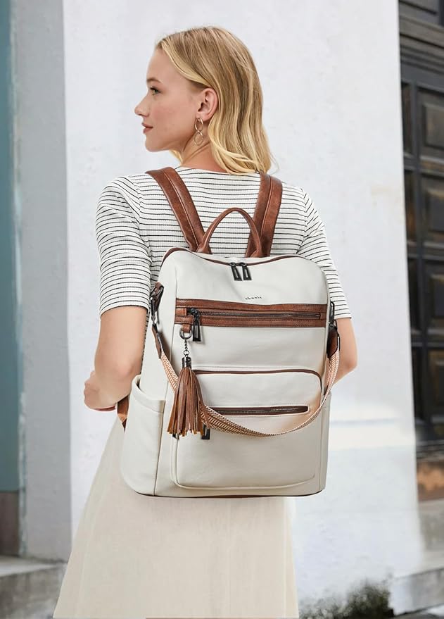 Shrrie 15.6 inch Laptop Backpack for Women,Large Leather Backpack Purse,Travel,Carry on,Water Resistant Casual Laptop Backpacks,College Backpack,Work Backpack for Women,Beige with Brown