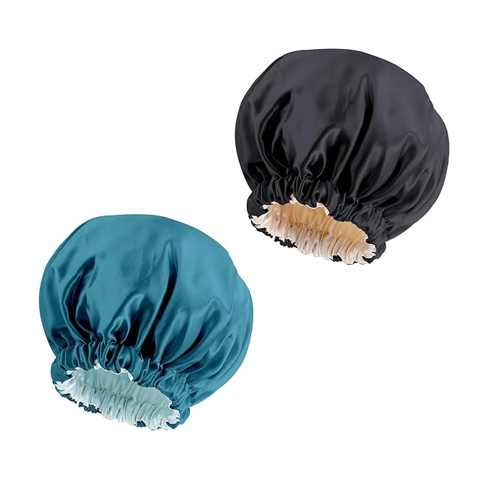 Satin Bonnet Silk Bonnet Hair Bonnet for Sleeping-Slouchy Beanie Hat Satin Sleep Cap for Women's Natural & Curly Hair(Blue Zircon&Black)