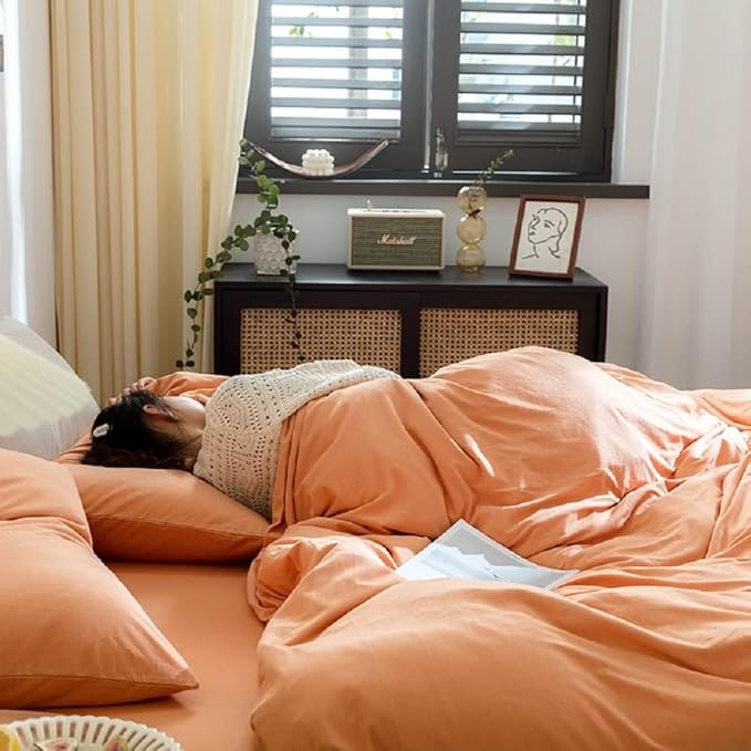 AMWAN Peach Pink Color Duvet Cover King Solid Orange Bedding Set 100% Jersey Knitted Cotton Comforter Cover Solid Color Duvet Cover Hotel Quality Luxury Bedding Set 1 Duvet Cover with 2 Pillowcases