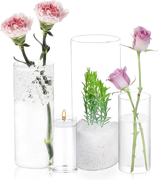 UDU 4 Pack Cylinder Glass Vases for Centerpiece 4,6,8,10 Inch Tall Clear Flower Vase Hurricane Candle Holder Floating Candle Vases for Table Centerpiece Wedding Home Decor