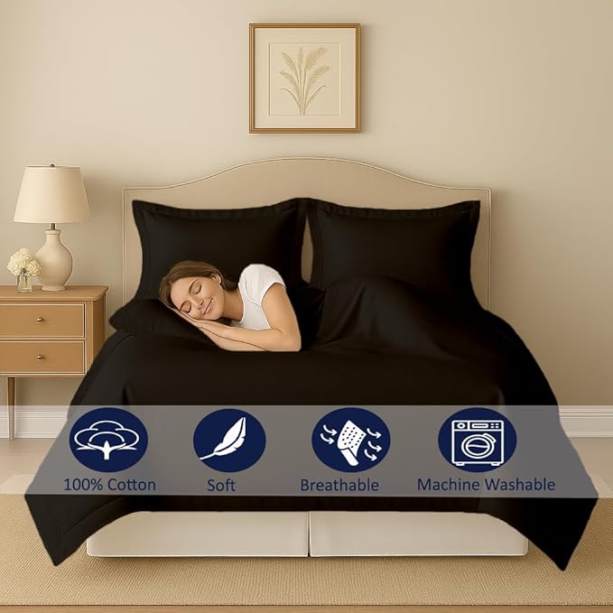 eBeddy Linens Duvet Cover Set Oversized King Plus 120x128 Inch 100% Cotton Soft and Breathable 3 Pieces (1 Duvet Cover & 2 Pillow Shams) Zipper Closure & Corner Ties, Black Solid