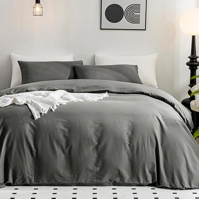 JELLYMONI Bedding Duvet Cover Queen Size - 100% Washed Cotton Linen Like Textured Comforter Cover, 3 Pieces Breathable Soft Bedding Set with Zipper Closure (Gray, Queen 90"x90")