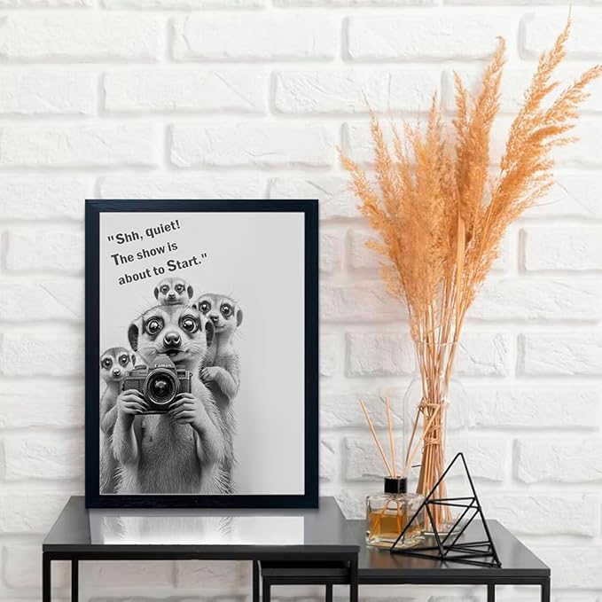 Orvannaatr Frame Bathroom Wall Art, Black and White Meerkat Canvas Wall Art - Meerkat Painting with Camera - for Toilet Bathroom Animal Art- 8 "x 10"