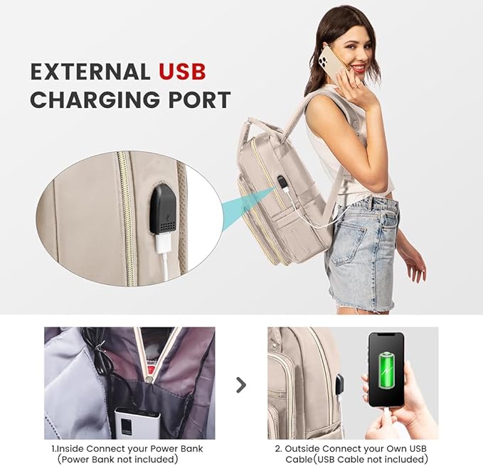 LOVEVOOK Laptop Backpack for Women, Water Resistant Travel Work Backpacks Purse Stylish Business Teacher Nurse Computer Bag with USB Charging Port,Antiquewhite