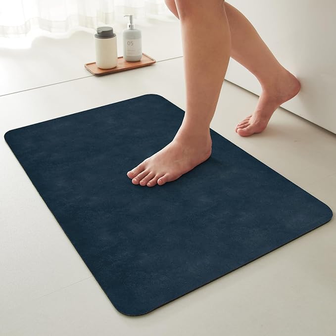 Bathroom Mat Quick Dry, Bathroom Rugs Non Slip Washable Thin Absorbent Bath Mat Fits Under Door Bathroom Floor Mat Perfect for Bath, Shower, or Sink 24"x36" Navy Blue