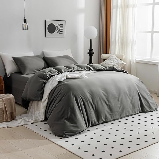 JELLYMONI Gray Duvet Cover King Size - 100% Washed Cotton Linen Like Textured Comforter Cover, 3 Pieces Lightweight Soft Bedding Set with Zipper Closure (Dark Gray, King 104"x90")
