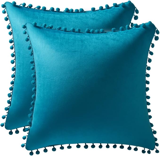 DEZENE Throw Pillow Cases 20x20 Turquoise: 2 Pack Cozy Soft Pom-poms Velvet Square Decorative Pillow Covers for Farmhouse Home Decor