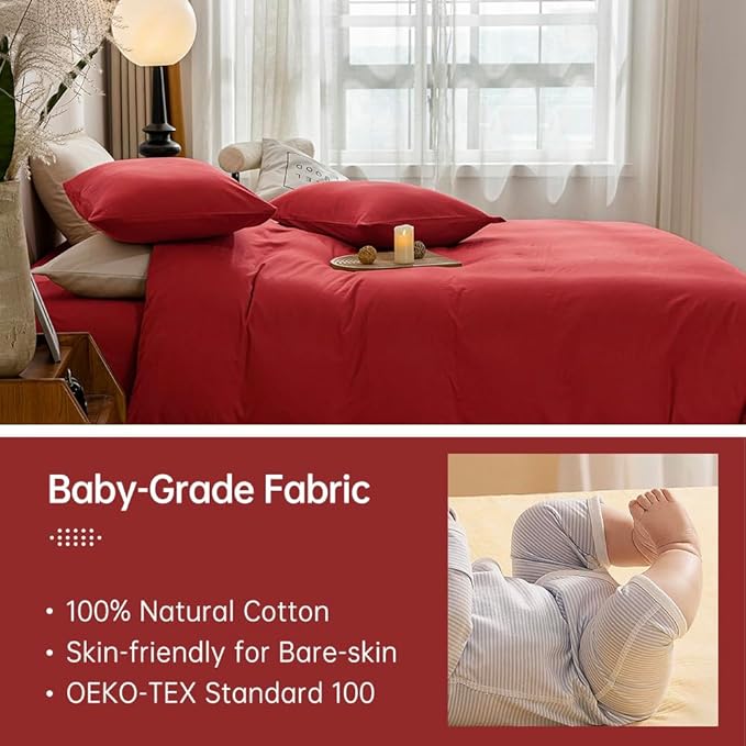 JELLYMONI Red Duvet Cover King Size - 100% Washed Cotton Linen Like Textured Comforter Cover, 3 Pieces Breathable Soft Bedding Set with Zipper Closure (Red, King 104"x90")