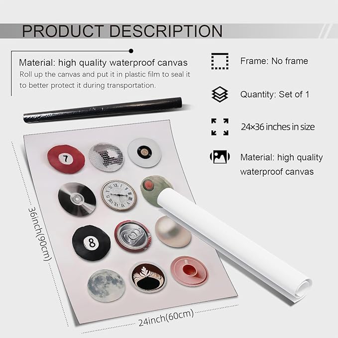 XSCQ Retro Disco Wall Art Vintage Lucky 8 Ball Poster Funky Music Record Wall Decor Unique 7 Ball Canvas Prints Preppy Aesthetic Painting 24x36 inch Unframed