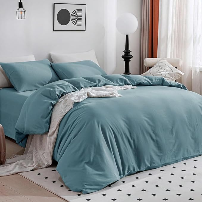 JELLYMONI Cotton Duvet Cover Queen Size - 100% Washed Cotton Linen Like Textured Comforter Cover, 3 Pieces Breathable Soft Bedding Set with Zipper Closure (Grayish Blue, Queen 90"x90")