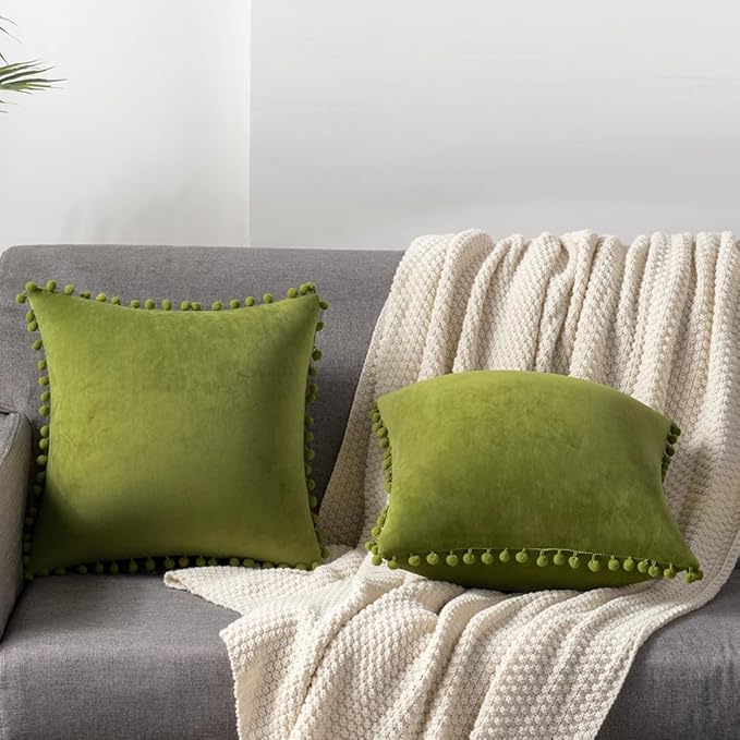 DEZENE Couch Pillow Cases 20x20 Chartreuse: 2 Pack Cozy Soft Pom-poms Velvet Square Throw Pillow Covers for Farmhouse Home Decor