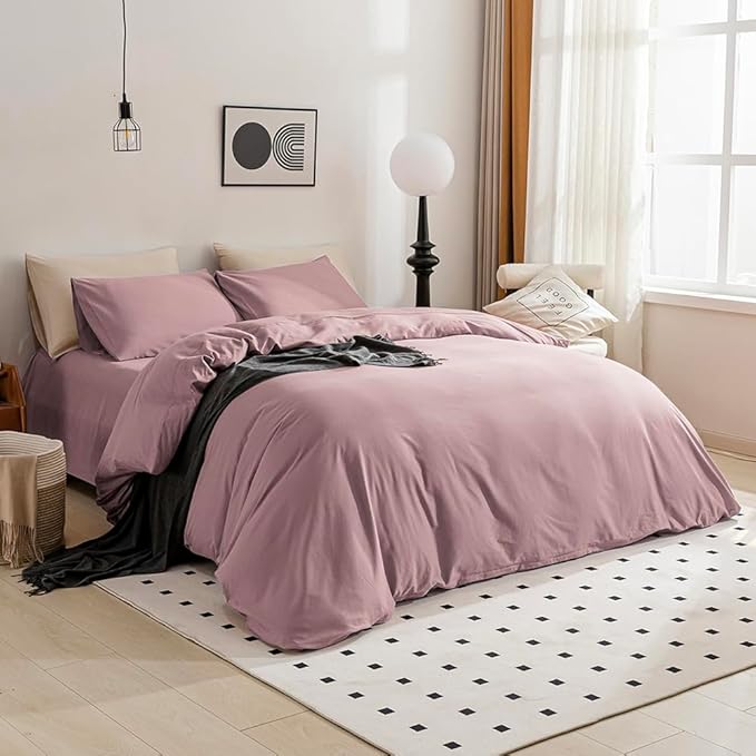 JELLYMONI Cotton Duvet Cover Twin Size - 100% Washed Cotton Linen Feel Textured Comforter Cover, 2 Pieces Breathable Soft Bedding Set with Zipper Closure (Dusty Pink, Twin 68"x90")