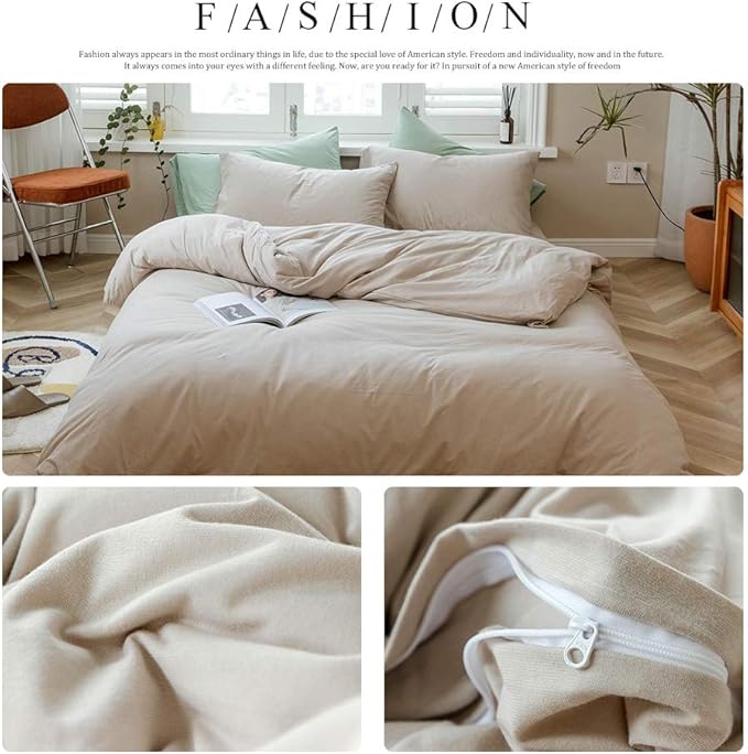 AMWAN Apricot Beige Duvet Cover King Taupe Apricot Solid Color Bedding Sets Jersey Knit Cotton Apricot Color Comforter Cover Simple Style Beige Tan Duvet Cover 1 Queen Duvet Cover