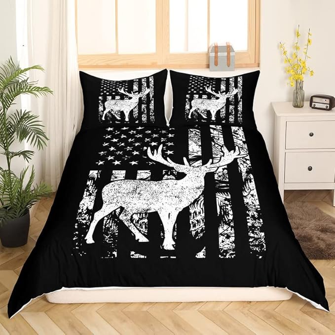 Feelyou America Flag Duvet Cover Set Deer Silhouette Comforter Cover Country Style Bedding Set 1 Duvet Cover & 2 Pillowcases