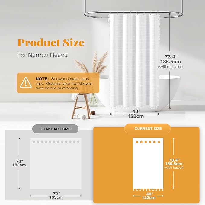 BTTN Boho Shower Stall Curtain - 48x72 Narrow Linen Ultra Thick Tassel Fabric Shower Curtain Set with 8 Plastic Hooks, Half Camper RV Modern Farmhouse Country Cloth Shower Curtains for Bathroom, White