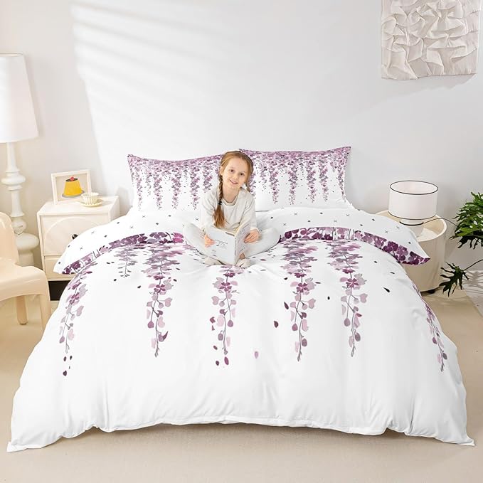 Cherry Blossoms Bedding Set Twin Size Child Girl's Bedroom Duvet Cover Flower Floral Theme Quilt/Comforter Cover with 1 Pillowcase Purple White