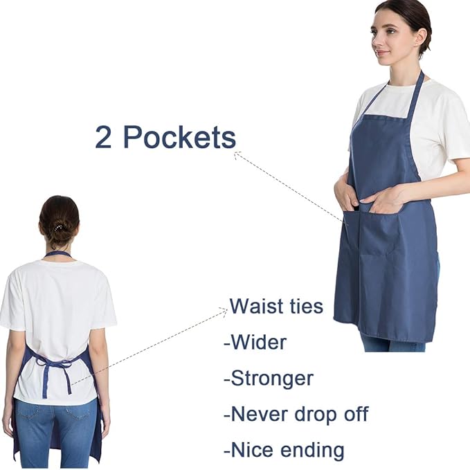 Total 6PCS Blue Bib Apron Adult with 2 Pockets for Women Men Chef Cooking Kitchen (6, Deep Blue)