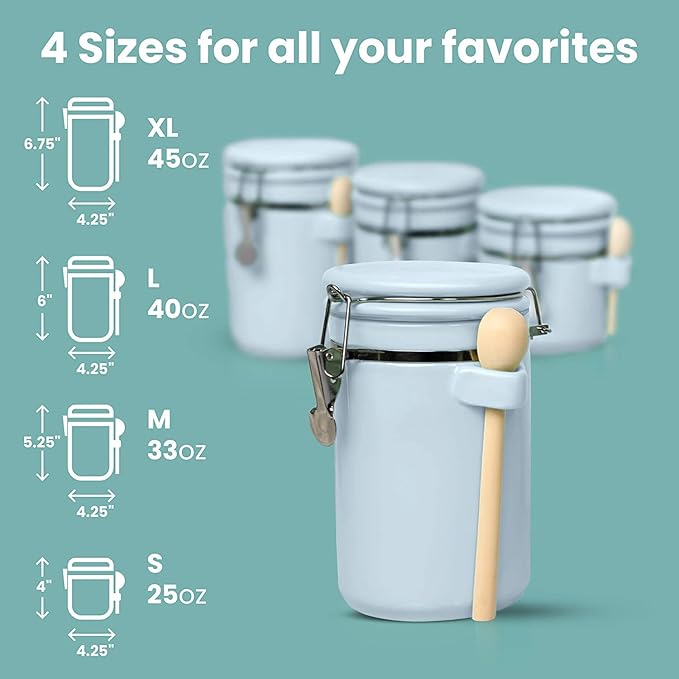 Home Intuition 4-Piece Ceramic Kitchen Canisters Set, Airtight Containers with Wooden Spoons Reusable Chalk Labels and Marker for Sugar, Coffee, Flour, Tea (Light Blue)