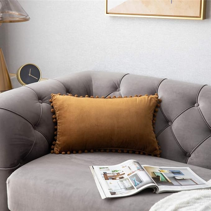 DEZENE Throw Pillow Cases 12x20 Golden Brown: 2 Pack Cozy Soft Pom-poms Velvet Rectangular Decorative Pillow Covers for Farmhouse Home Decor