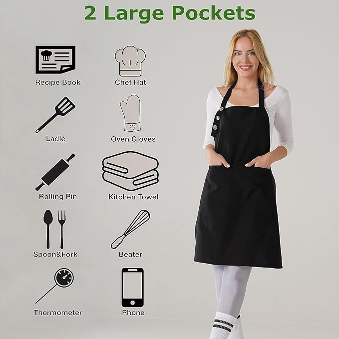 TOSHE Kitchen Apron Waterdrop Resistant Cotton Apron with adjustable Aprons for Women with Pockets Cooking Apron (2 Pack - Black)