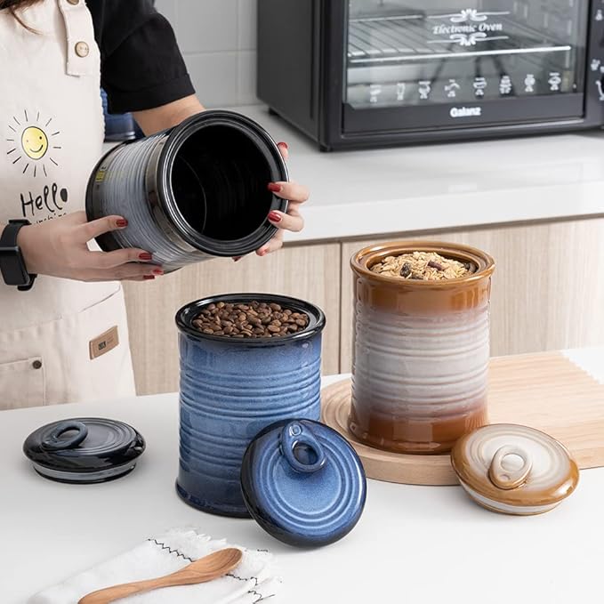 Nihow Ceramic Food Storage Jar Sets: Container with Air Tight Ceramic Lid for Flour/Sugar/Rice/Coffee/Cookies/Candy - Seal Damp-proof Canister for The Kitchen - Set of 3 （Brown）