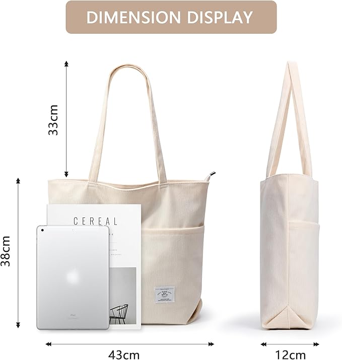 KALIDI Women Corduroy Tote Bag Zipper Casual Tote's Handbag Big Capacity Shoulder Bag with Pockets