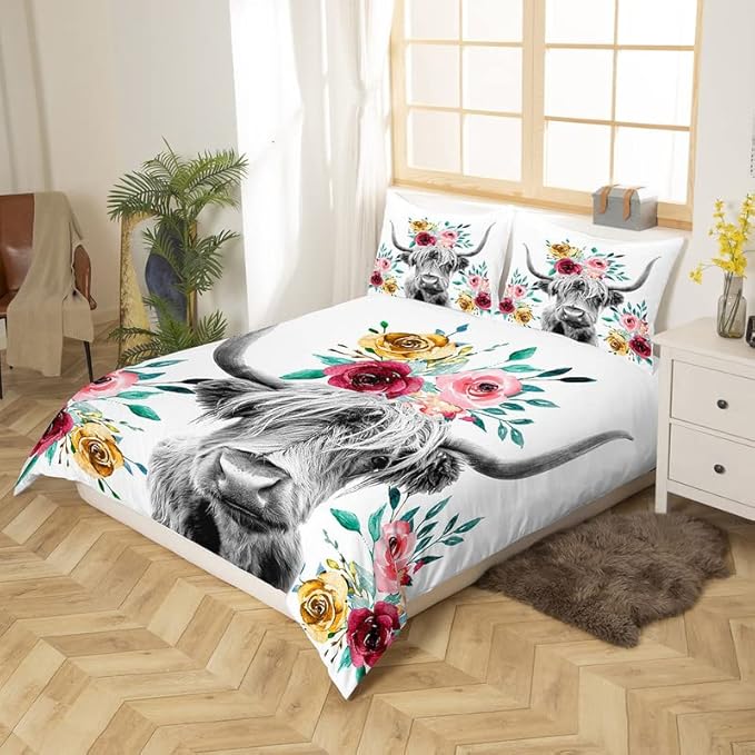 Feelyou Cow Duvet Cover Set Highland Cattle Flowers Comforter Cover Floral Printed Bedding Set for Kids Adults 1 Duvet Cover & 1 Pillowcase