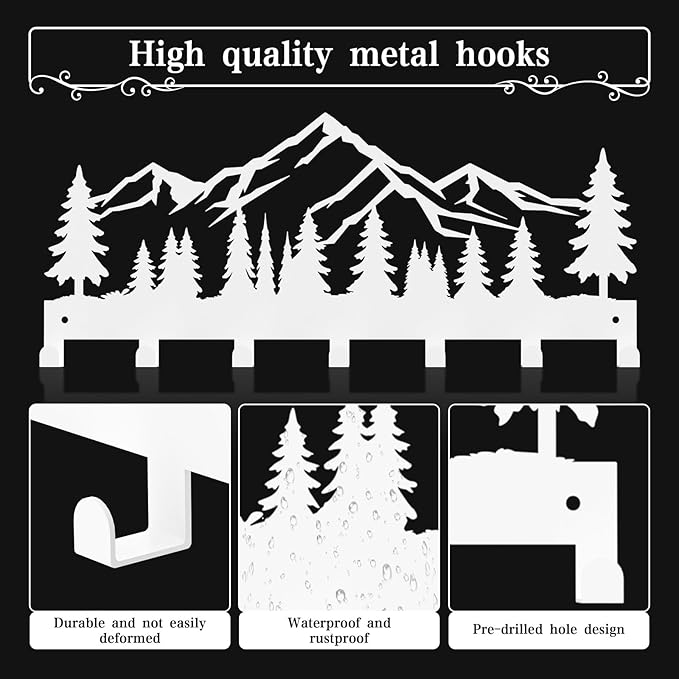 Key Holder Wall Mounted Key Hooks, White Metal Key Rack Hooks, Little Grove, Mountain Theme Wall Decoration Hooks, with 7 Hooks, Applicable to Front Doors, Lobby,Corridor, Offices (12 ")